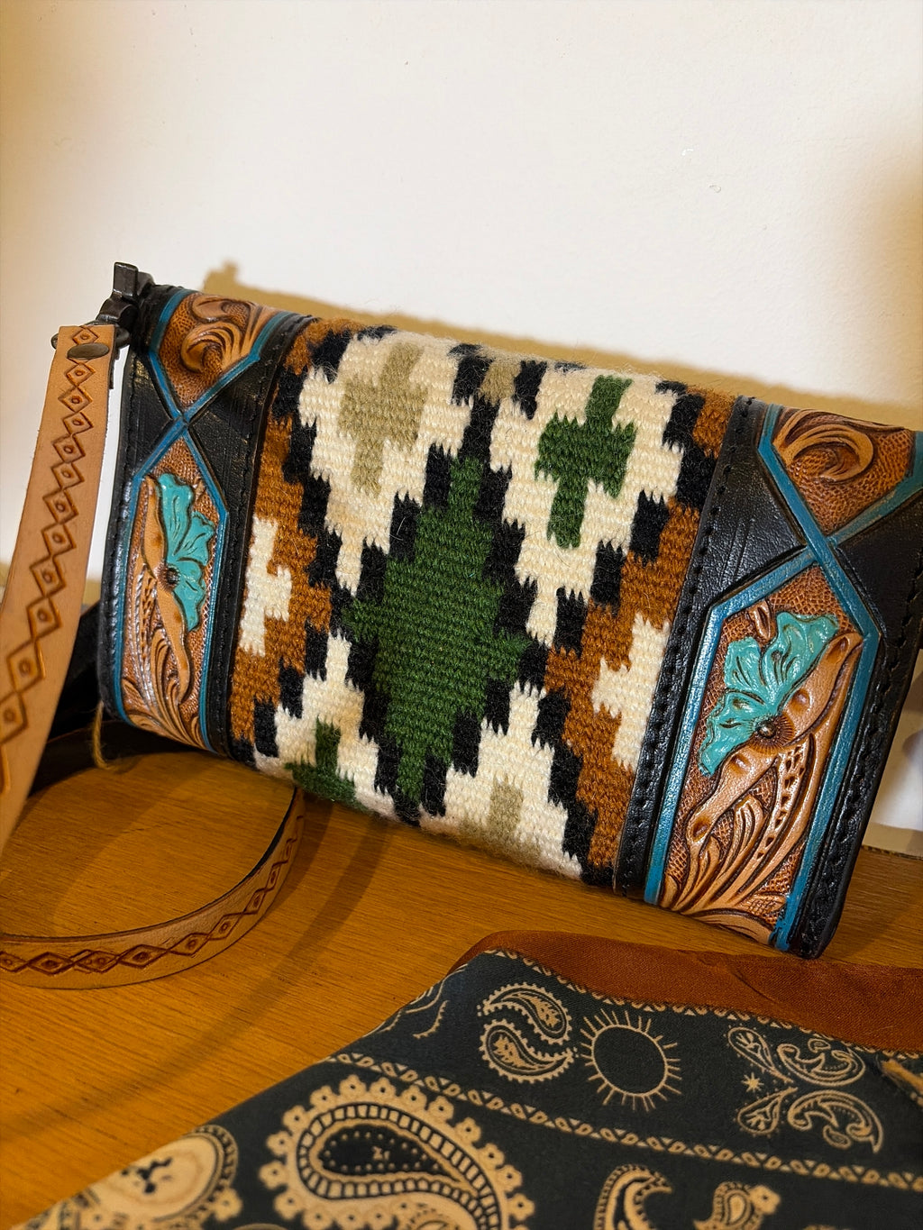 Leather Aztec design Wallet/Crossbody Item#010